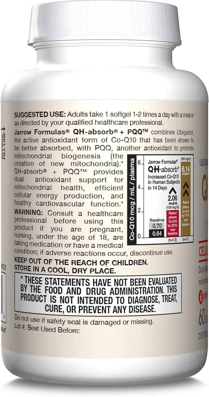 Jarrow Formulas® QH-Absorb® + PQQ, Dietary Supplement, Antioxidant Support for Mitochondrial Biogenesis, Cellular Energy Production and Cardiovascular Health, 60 Softgels, 60 Day Supply
