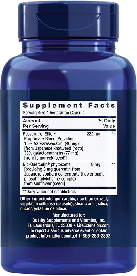 Life Extension Optimized Resveratrol Elite, Trans-resveratrol, quercetin, Healthy Aging, Heart Health, Brain Health, oxidative Stress, Gluten-Free, Non-GMO, Vegetarian, 60 Capsules, (Pack of 2)