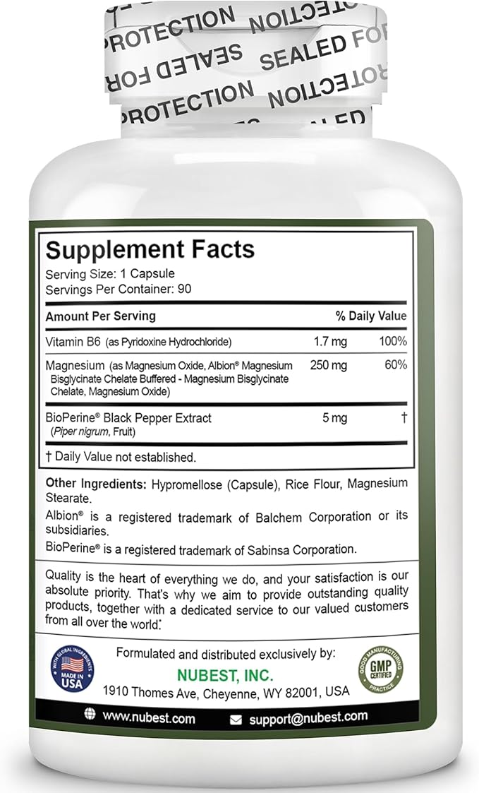 Magnesium Glycinate Chelate Complex with Albion Magnesium Bisglycinate Chelate, Vitamin B6 & BioPerine for Bone, Muscle, Natural Sleep, Nerve Function, Brain Booster | 3 Months Supply