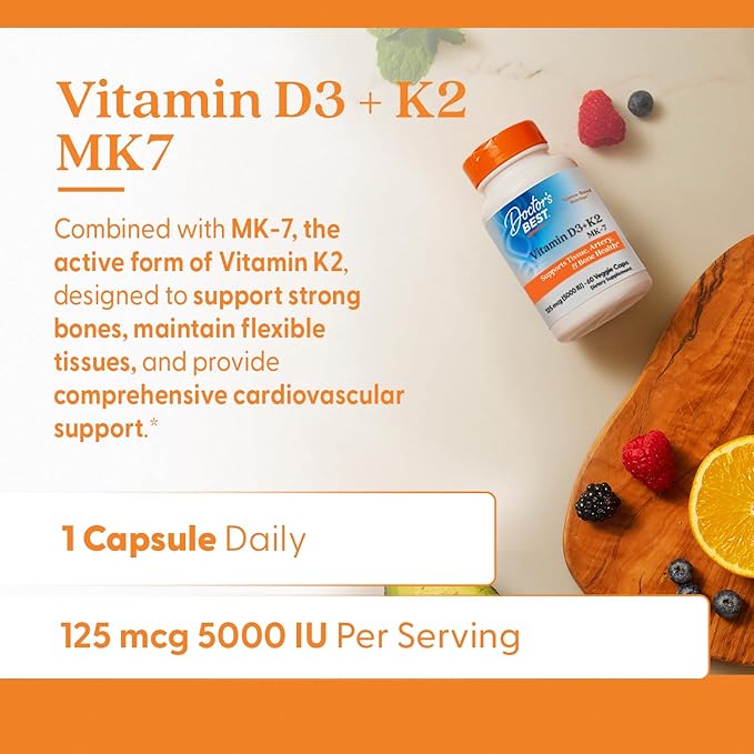 Doctor's Best Vitamin D3 and K2 Supplement for Men & Women - Vitamin D3 5000 IU + K2 as MK-7, Bone Health Support, Gluten Free, Non GMO, Vegetarian Capsules - 60 Veg Caps