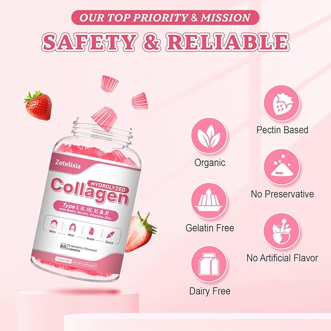 Collagen Gummies for Women Men, Hydrolyzed Collagen Peptide Type I,II,III,V,X with Biotin, Vitamin C A B D E for Skin Hair Nails J0ints, Immunity Energy Digestion, Sugar Free, 60 Count
