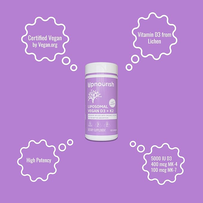 UpNourish Certified Vegan Vitamin D3 5000 IU K2 MK4 MK7 500 mcg Supplement, 150 Softgels, Plant Based Liposomal Vitamin D K with Organic Coconut Oil, Non GMO, Gluten and Gelatin Free