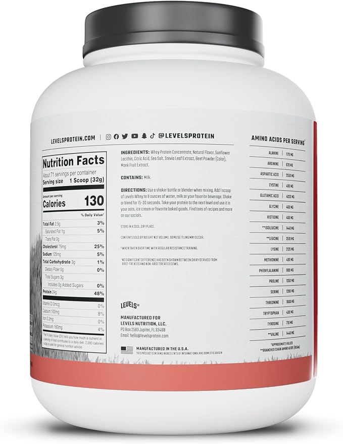 Levels Grass Fed Whey Protein Powder, No Artificials, 24G of Protein, Strawberry, 5LB | 24G of protein and 5.4G BCAAs per scoop, made with hormone-free dairy, zero junk, no fillers, no added sugar, certified clean