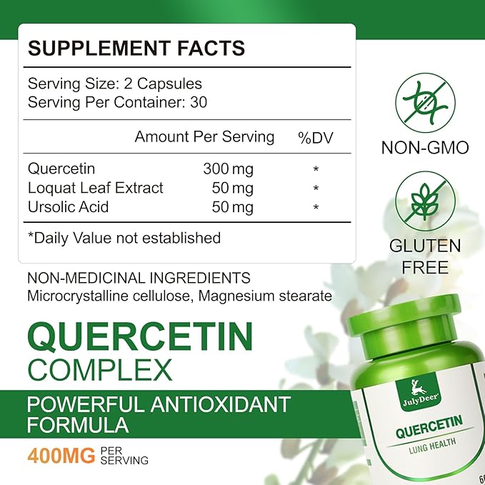 JulyDeer Quercetin 400 mg with Loquat Leaf Extract, Ursolic Acid 120 Capsules, Healthy Immune Support Supplements, High Bioavailable Flavonoids, Natural Antioxidant – Non-GMO, No Gluten - 2 btls