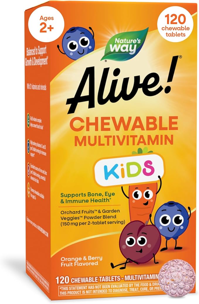 Nature's Way Alive! Children’s Chewable Multivitamin, Kids Multivitamin with Orchard Fruits and Garden Veggies Powder Blend, Daily Kids Vitamins for Nutritional Support Cherry Flavor, 120 Tablets