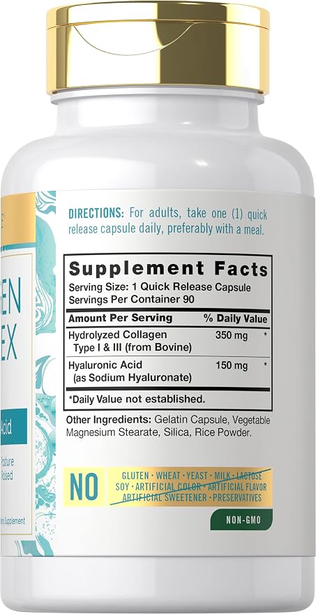 Carlyle Collagen Pills with Hyaluronic Acid | 500mg | 90 Capsules | Hydrolyzed Collagen Type 1 and 3 | Non-GMO, Gluten Free Supplement