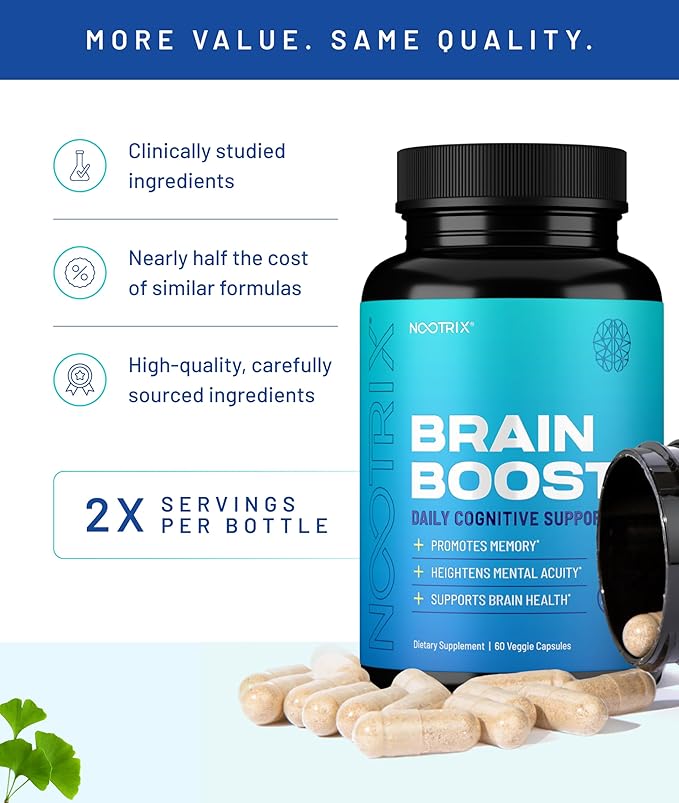 Nootrix Brain Boost Nootropic Supplement | Supports Memory, Mental Focus, Cognitive Health & Energy | Promotes Healthy Mood & Brain Function | Ginkgo Biloba & DMAE | 60 Capsules