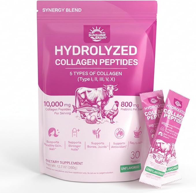 Multi Collagen Peptides Powder - 10g Hydrolyzed Collagen Peptides Type I, II, III, V & X with Biotin, Hyaluronic Acid & Prebiotics, Support Hair, Skin, Nail, Bone & Digestive Health, Non-GMO丨30 Sticks