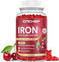 Iron Supplement for Women & Men Gummies, Multivitamin Blood Builder Iron Supplement with Folate Vitamin C B12 B6 Zinc for Adults & Kids - Energy Support - Cherry Flavor, Vegan 60 Gummies