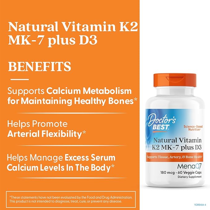 Doctor's Best Natural Vitamin K2 MK-7 Plus D3 - VIT D3 and K2 MK7 Supplement for Men & Women, Supports Tissue, Artery, & Bone Health, Non-GMO, Gluten Free, Soy Free, Vegetarian - 60 Veg Caps