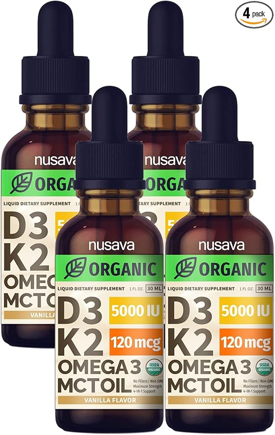 NUSAVA (4 Pack) Organic Vitamin D3 K2 Drops with MCT Oil Omega 3, 5000 IU, Maximum Strength Vitamin D Liquid - No Fillers, Non-GMO Liquid D3 for Faster Absorption & Immune Support (Vanilla, 4 Fl Oz)