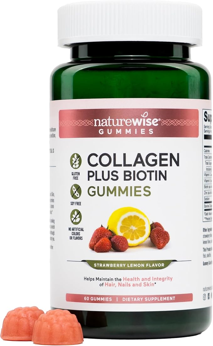 NatureWise Collagen Gummies - Hydrolyzed Collagen Gummies - Type 1 & 3 Peptides for Women + Biotin, Vitamin C, E, & Zinc for Hair Skin and Nails Support - 60 Count[1-Month Supply]