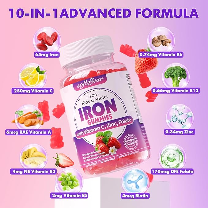 softbear Iron Gummies for Women & Men & Kids, Chewable Iron Supplements with Vitamin C,B3,B5,B6,B12 Supports Immune System, Energy & Vitality, Sugar-Free/Vegan, Strawberry Flavor 60 Count
