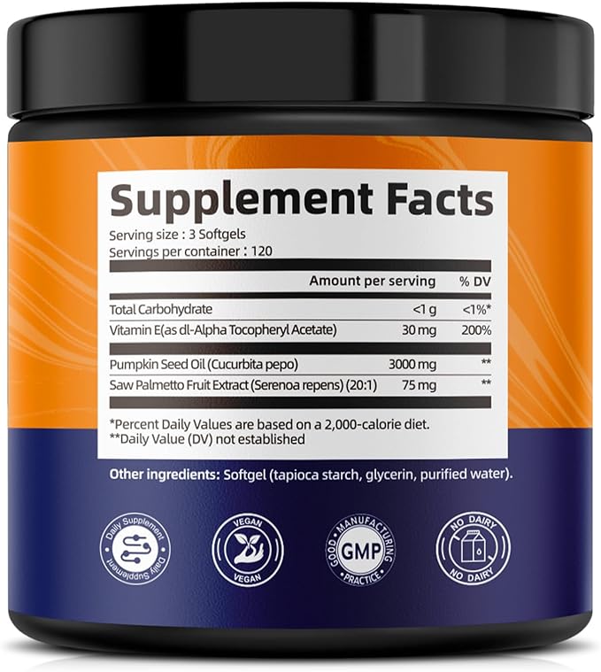 Pumpkin Seed Oil with Saw Palmetto Capsules, High Concentrated Pumpkin Seeds Oil Supplement, Cold Pressed, Supports Hair, Urinary, Bladder & Prostate Health, Vegan, Non-GMO, 360 Softgels