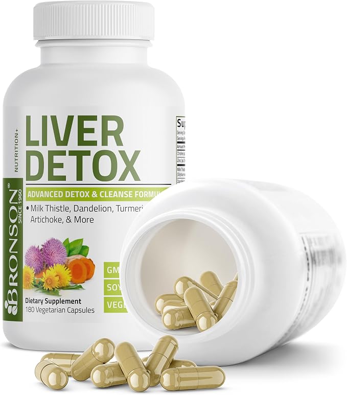 Bronson Liver Detox Advanced Detox & Cleansing Formula Supports Health Liver Function with Milk Thistle, Dandelion Extract, Turmeric, Artichoke Leaf & More, Non-GMO, 180 Vegetarian Capsules