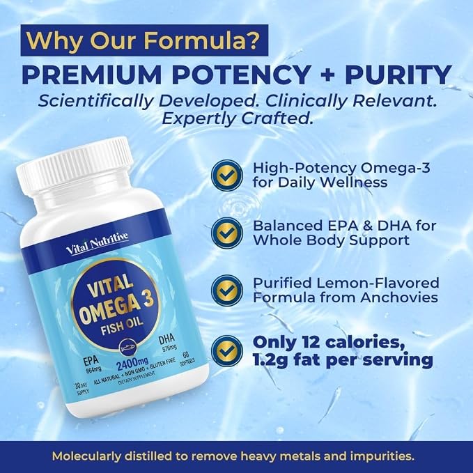 Vital Omega 3 Fish Oil Supplements 2400mg | 864mg EPA & 576mg DHA | 1440mg Total Omega-3 Fatty Acids | Promotes Brain & Heart Health | Non-GMO, Gluten-Free, Sugar-Free | Lemon | 60 Day Servings