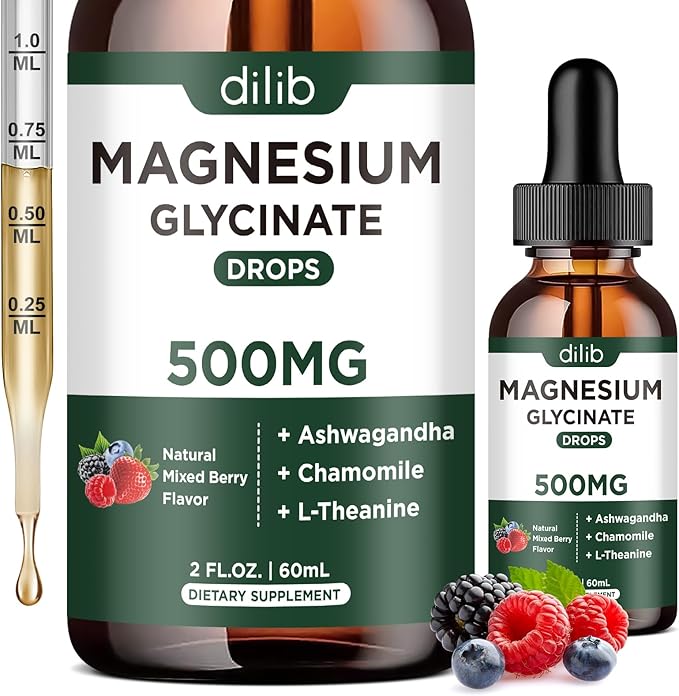 Magnesium Glycinate Liquid Drops Supplement, with Magnesium Glycinate 500mg Ashwagandha, L - Theanine, Chamomile -Support Stress Relief, Bone, Muscle, Mood Mixed Berry Flavor