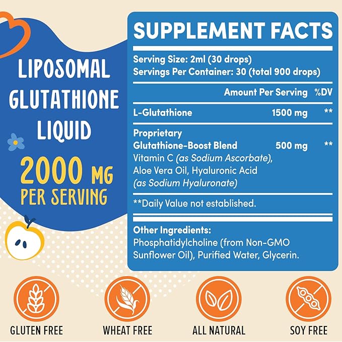 2000MG Liposomal Glutathione Liquid, 98% Absorption, Active Form L-Glutathione Supplement, Vegan Friendly, Powerful Antioxidant Complex for Immune System, Aging Defense, Detox, 4 FL.OZ