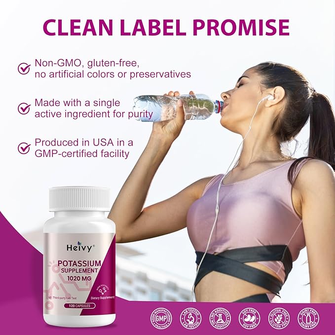 Heivy Potassium Supplement 1020 mg, Potassium Bicarbonate, Supports Electrolyte Balance, Muscle Function & Heart Health, Made in USA, Gluten Free, Non-GMO, 120 Vegetarian Capsules