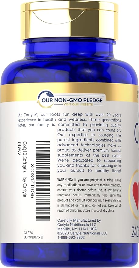 Carlyle CoQ10 100mg Softgels | 240 Count | Mega Q-Sorb Coenzyme Q-10 | with Black Pepper Extract | Non-GMO and Gluten Free Supplement