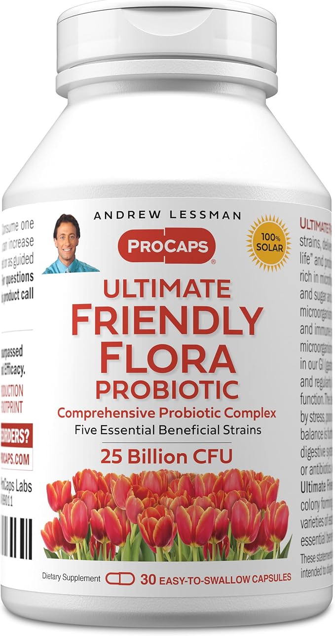 ANDREW LESSMAN Ultimate Friendly Flora Probiotic 30 Capsules - 25 Billion CFU, Comprehensive Blend of Five Probiotic Strains, Powerful Immune and Digestive Support. Probiotics for Women or Men