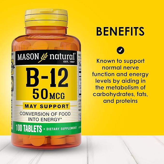 Mason Natural Vitamin B12 50 mcg with Calcium, 100,Day Supply, Dietary Supplement to Support Natural Energy Levels, 100 Tablets (Pack of 1)