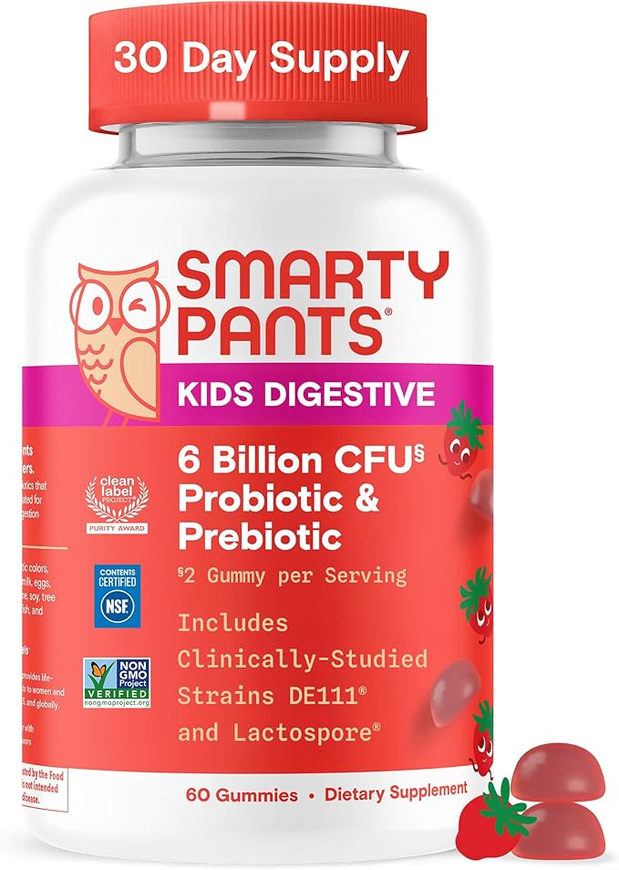 SmartyPants Kids Probiotic & Prebiotic Gummies for Digestive Health: Gut Health Supplement, Clinically Studied Prebiotic for Immune Support, Strawberry, 60 Count (30 Day Supply)