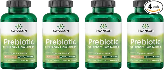 Swanson Prebiotic Fiber Capsules with NutraFlora FOS for Gut-Health-Conscious Adults Seeking Digestive Flora and Immune Support - 750 mg (120 Vegan Capsules, 4 Pack)