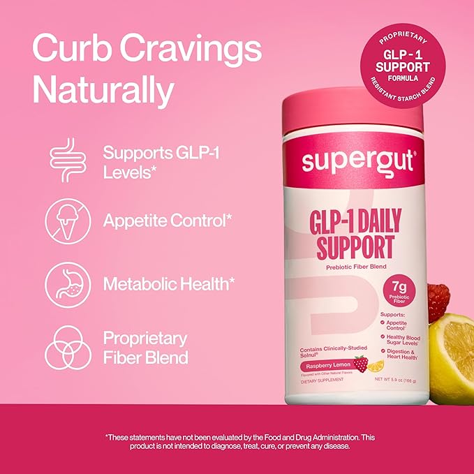 Supergut GLP1 Daily Support - Raspberry Lemon - High Fiber GLP-1 Supplement Powder for Women & Men - Sugar-Free Drink Mix for Gut Health & Digestive Support (18 Servings)