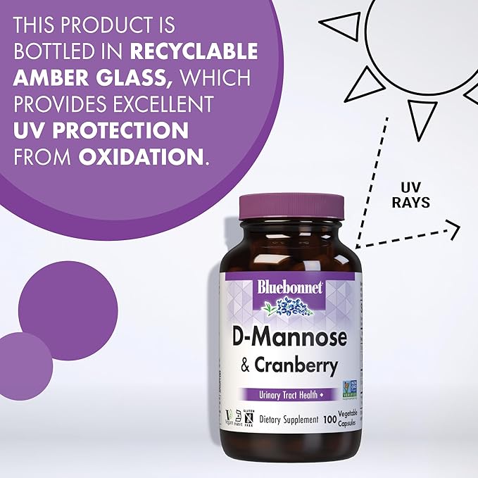 BlueBonnet Nutrition D-Mannose & Cranberry - Fast Acting Urinary Tract Support for Men & Women* - Non-GMO, Vegan, Kosher, Gluten-Free - 100 Vegetable Capsules, 50 Servings