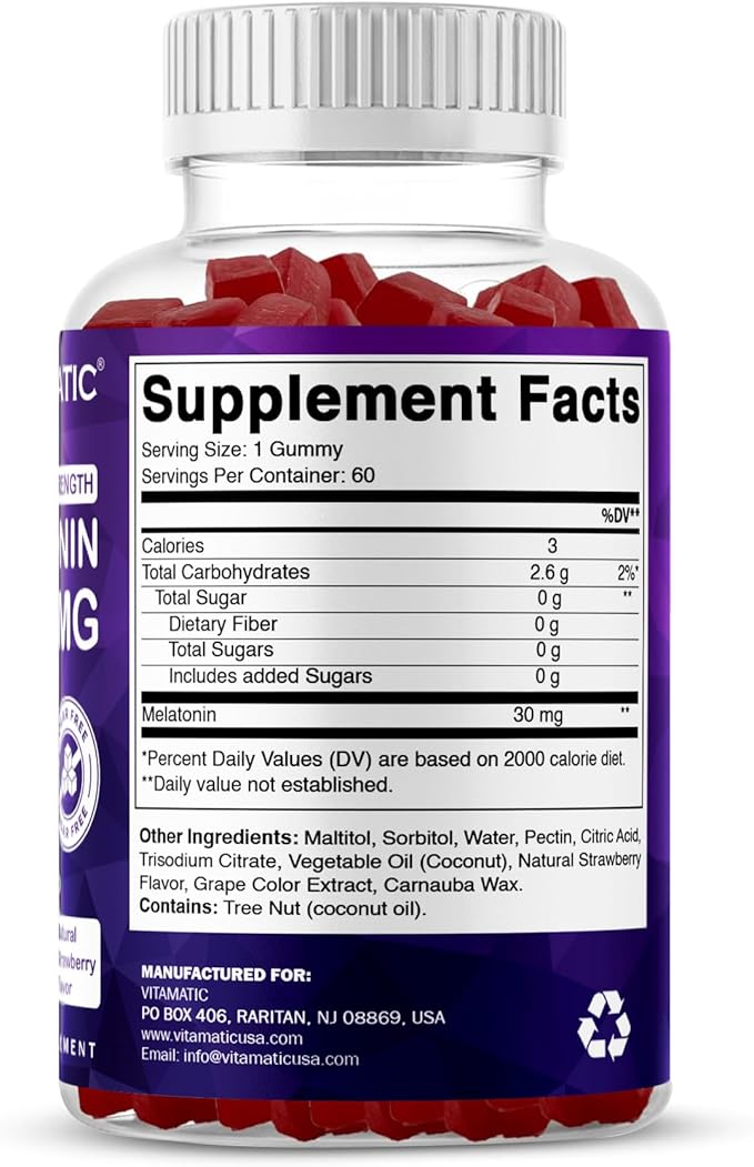 Vitamatic Sugar Free Melatonin 30mg per Gummy - 60 Servings - 60 Vegetarian Gummies - Non-Habit Forming Supplement (60 Count (Pack of 2))