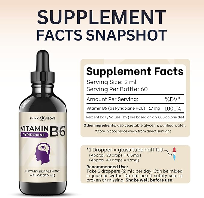 Think Above Liquid B6 Pyridoxine Supplement, Vitamin B-6 (as Pyridoxine Hydrochloride), Glass Bottle 4 oz 120 ml