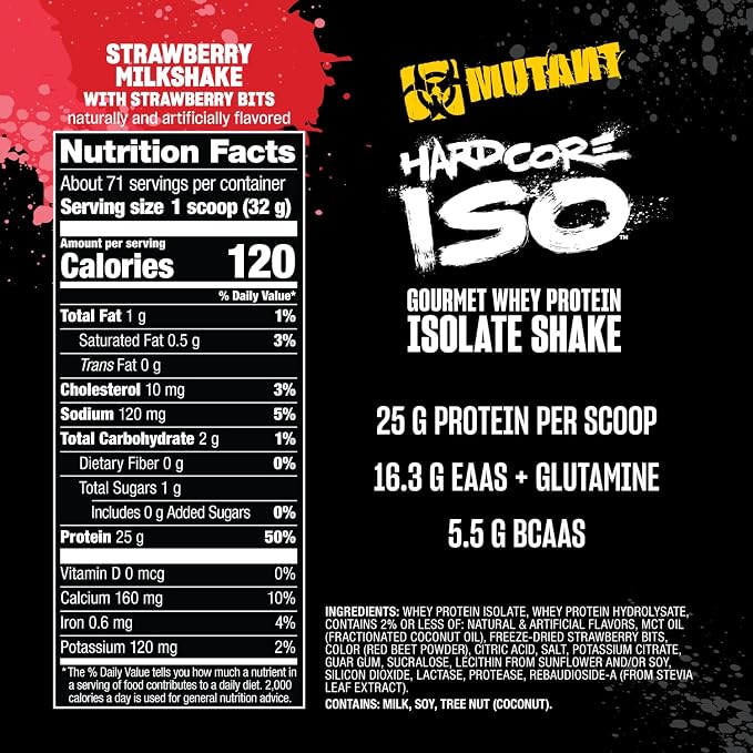 Mutant Hardcore ISO Whey Protein Isolate Powder Acts Fast to Help Recover, Build Muscle, Bulk and Strength, 5 lb - Strawberry Milkshake