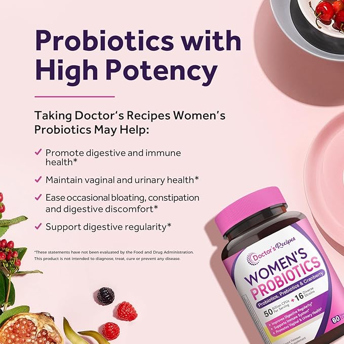 Doctor's Recipes Women's Probiotics, 120 Caps (2 Pack) 50 Billion CFU 16 Strains, with Organic Cranberry, Digestive Immune Vaginal & Urinary Health, Shelf Stable, Delayed Release, No Soy Gluten Dairy