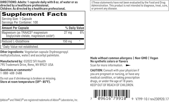 Klaire Labs SFI Health Reduced L-Glutathione 150mg - Antioxidant Supplement with Magnesium for Liver, Detox & Immune Support - Active, Reduced Form - Hypoallergenic (100 Capsules)