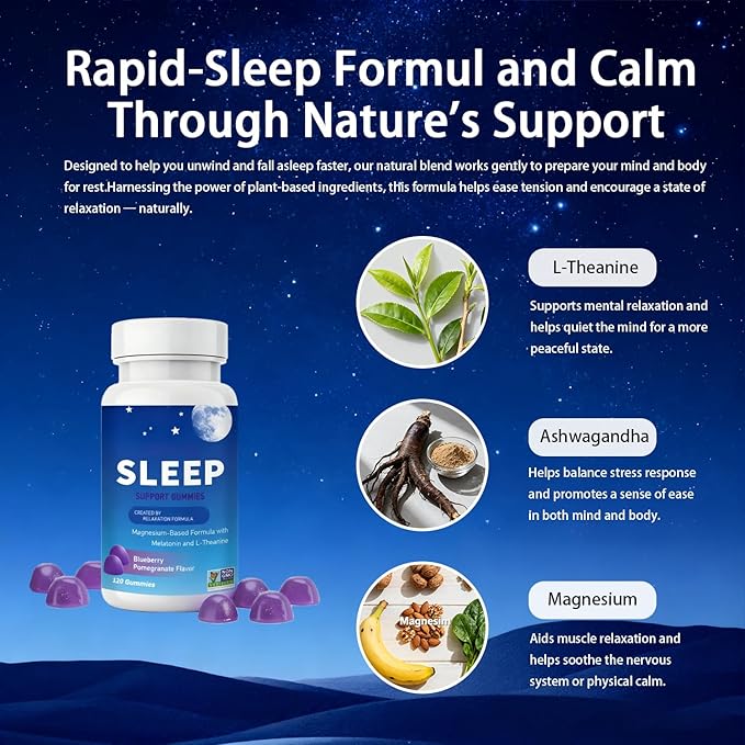 Sleep Gummies with Magnesium, Melatonin & L-Theanine | Sleep Support Supplement for Relaxation & Restful Nights | Helps Wind Down Before Bed, Wake Refreshed | Blueberry Pomegranate Flavor, 120 Count
