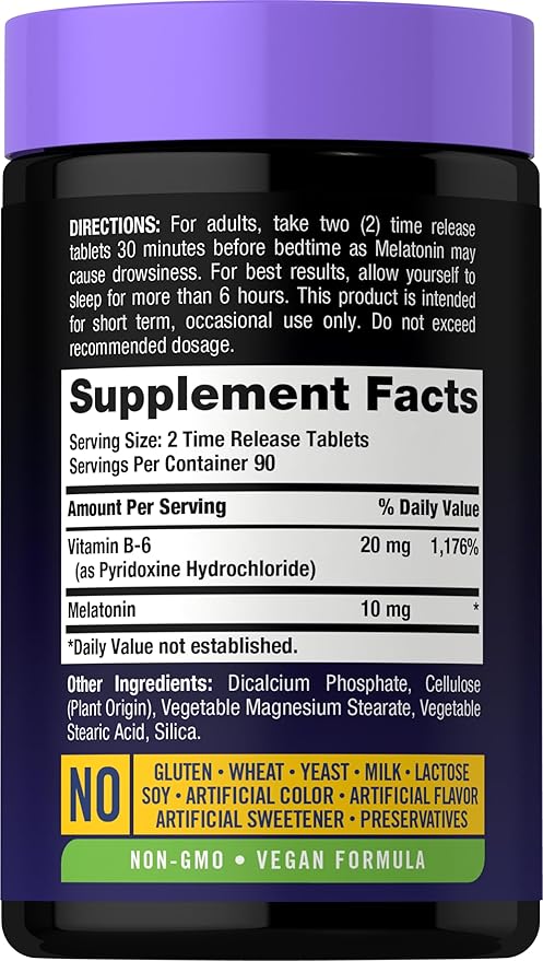 Carlyle Melatonin 10mg | 180 Time Release Tablets | All Night Support | with Vitamin B6 | 100% Drug Free Supplement | Vegan, Non-GMO, Gluten Free
