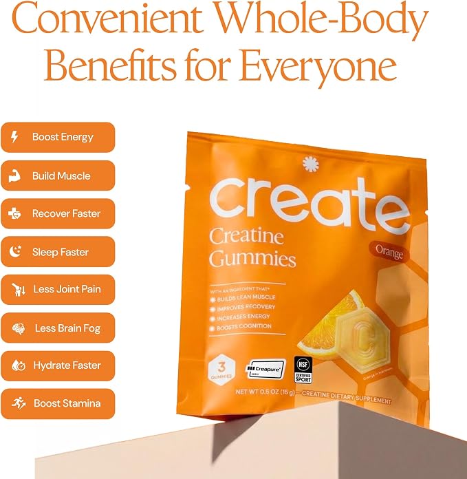 Create Creatine Gummies – Single-Serve Packs – 30ct – Orange | NSF Certified for Sport – Made with Creatine Monohydrate, Vegan & Gluten-Free, Anti-Melting Formula, 3 Gummies per Pack