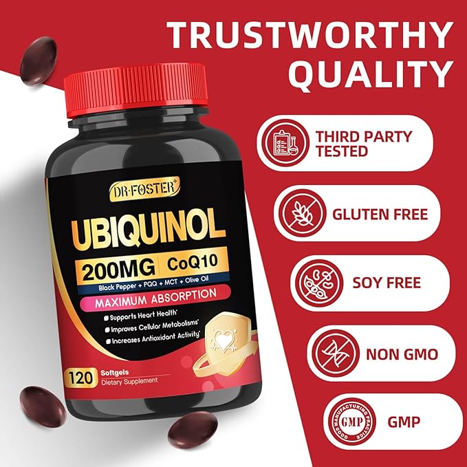 DRFOSTER Coq10 Ubiquinol 200mg, Coq10 200mg Softgels, Max Absorption Ubiquinol with Vitamin E & PQQ & Black Pepper, Powerful Antioxidant, 120 Softgels