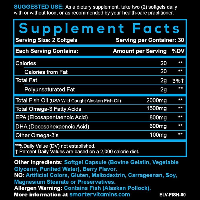 (2 Pack) Smarter Omega 3 Fish Oil, Berry Flavor, Burpless, Tasteless, 2000mg, Potent Triple Strength DHA EPA Brain OMEGA3, Made with AlaskOmega®