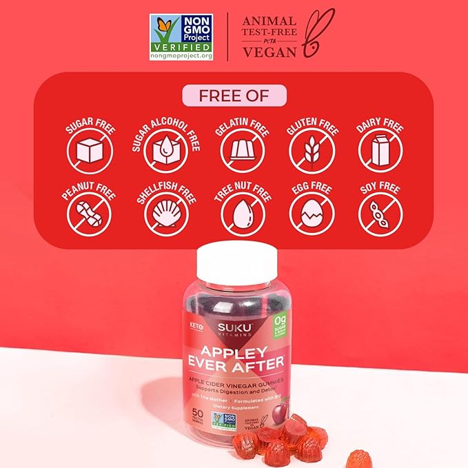 SUKU Appley Ever After Gummies – Apple Cider Vinegar with Methylated B12 & Folate – Sugar-Free, Gluten-Free, Vegan Detox & Energy Support – Amazing Apple Flavor – 50 Count