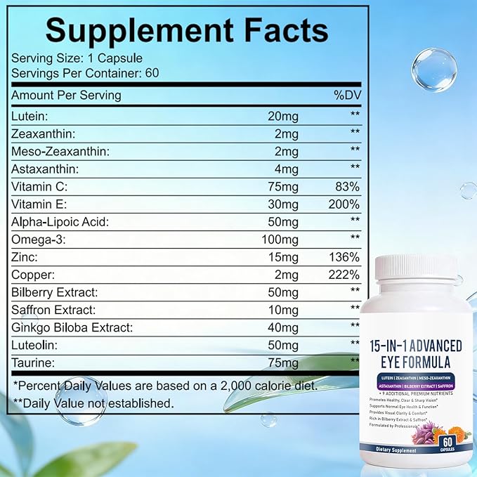 15 in 1 Advanced Eye Formula - Eye Vitamin and Mineral Supplement with Lutein, Zeaxanthin, Zinc & Bilberry Extract - Vision & Focus Support, 60 Capsules