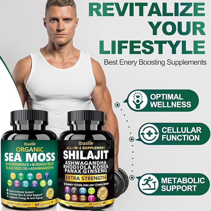 Sea Moss & Shilajit Capsules for Energy Boost - Irish Sea Moss with Black Seed Oil, Ashwagandha, Bladderwrack & Burdock Root - Himalayan Shilajit Complex with Rhodiola, Ginseng & Cordyceps - 2 Pack