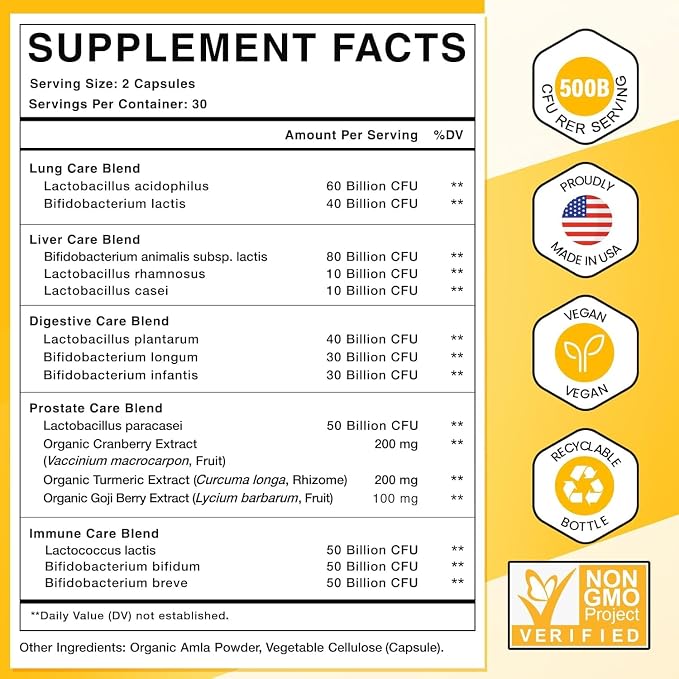 Probiotics for Men, 500 Billion CFUs & 12 Strains Mens Probiotic with Turmeric Cranberry, Goji, Gut Health for Men, for Digestive Health, Gut, Bloating & Gas, Immune, Energy Support, 60-Day Supply