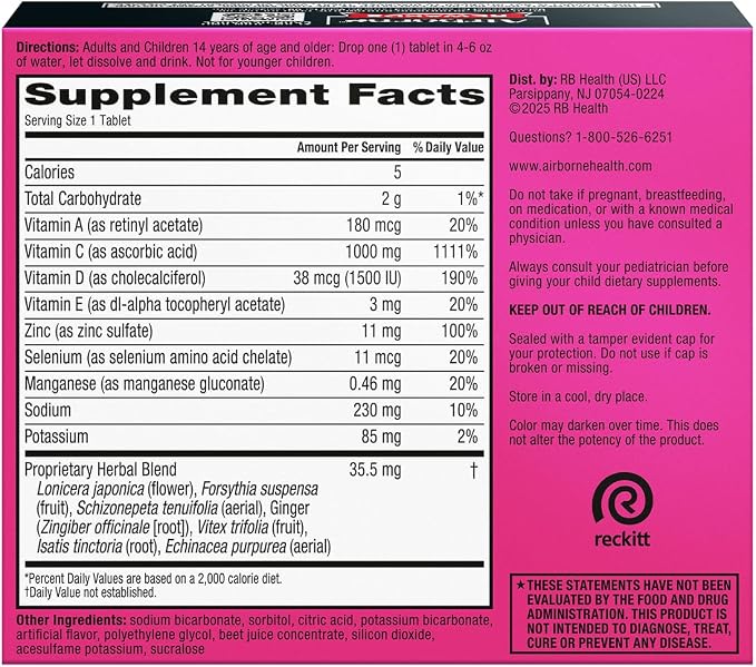 Airborne Variety Pack 1000mg Vitamin C with Vitamin D & Zinc, Sugar Free Multivitamin Immune Support Supplement, Antioxidants Vitamins A C & Vitamin E, 30 Effervescent Tablets, Citrus + Verry Berry