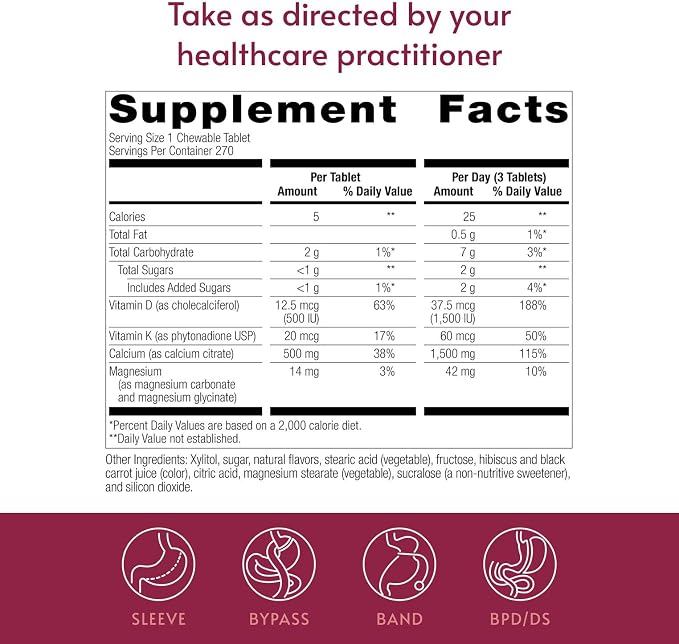 Bariatric Advantage Calcium Citrate Chewable 500mg with Vitamin D3 for Bariatric Surgery Patients Including Gastric Bypass and Sleeve Gastrectomy, Low Sugar - Wild Cherry Flavor, 270 Count
