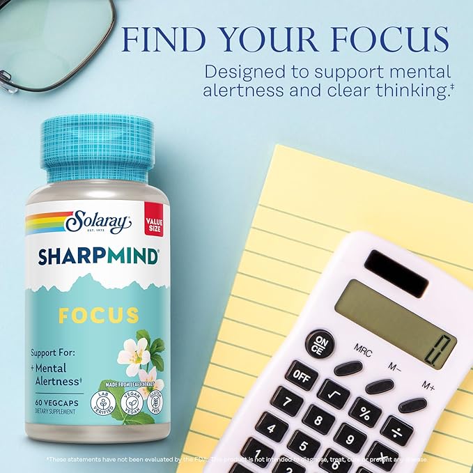 SOLARAY SharpMind Focus, Mental Alertness Nootropic Supplement for Healthy Brain Fog, Cognizin Citicoline, Lions Mane Mushroom, Bacopa Monnieri, 60 Day Money Guarantee, 60 Serv 60 Veg Caps