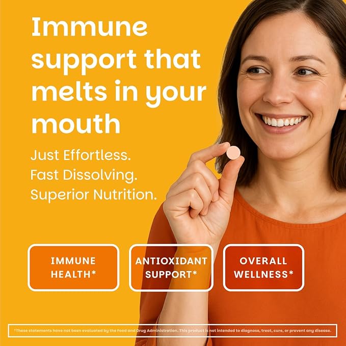 EZ Melts Vitamin C - Daily Vitamin for Antioxidant & Immune Support - No Artificial Flavors - Non-GMO & Sugar-Free - Orange Citrus - 120 Dissolvable Tablets (60 Servings)