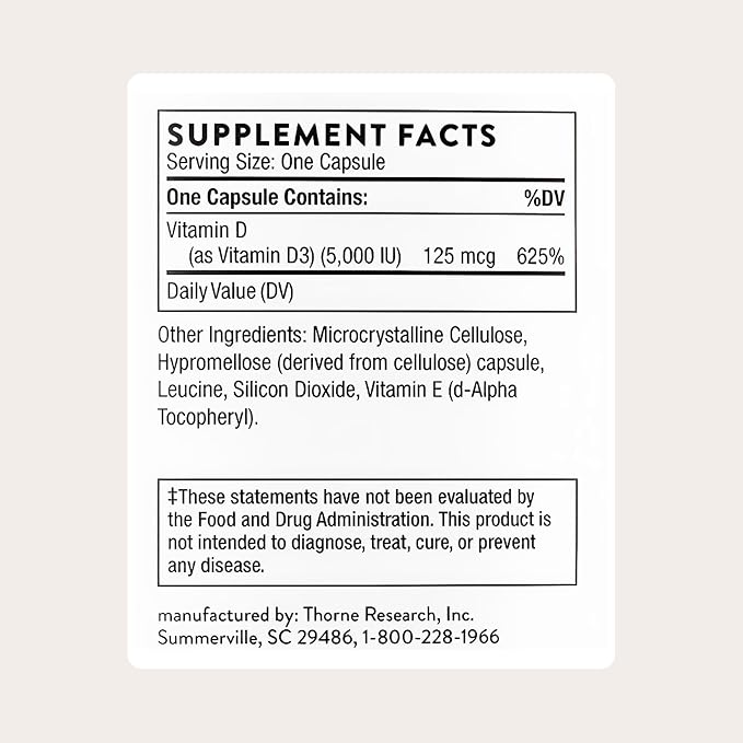 THORNE - Vitamin D-5,000 - Vitamin D3 Supplement - Supports Healthy Bones, Teeth & Muscles, Plus Cardiovascular & Immune Function* - NSF Certified for Sport - Gluten, Dairy & Soy-Free - 120 Capsules