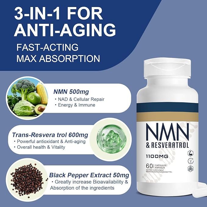 1100mg NMN & Trans-Resveratrol, 3-in-1 Supplement, 60 Veggie Capsules – Supports NAD+ Boost*, Cellular Energy, Immune Function, Muscle Health & Anti-Aging, 30-Day Supply